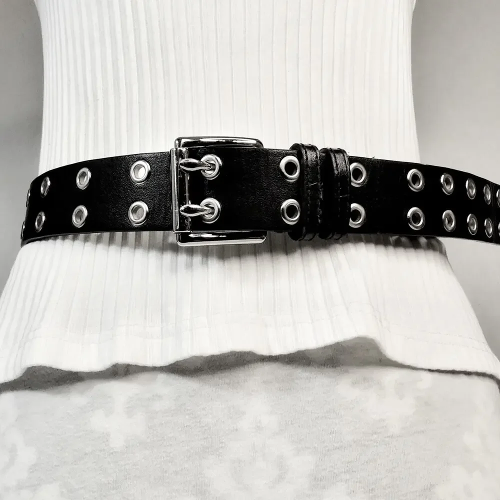 💎Black Unisex Double Silver Tone Grommet Faux Leather Belt Size XL Punk Rock
